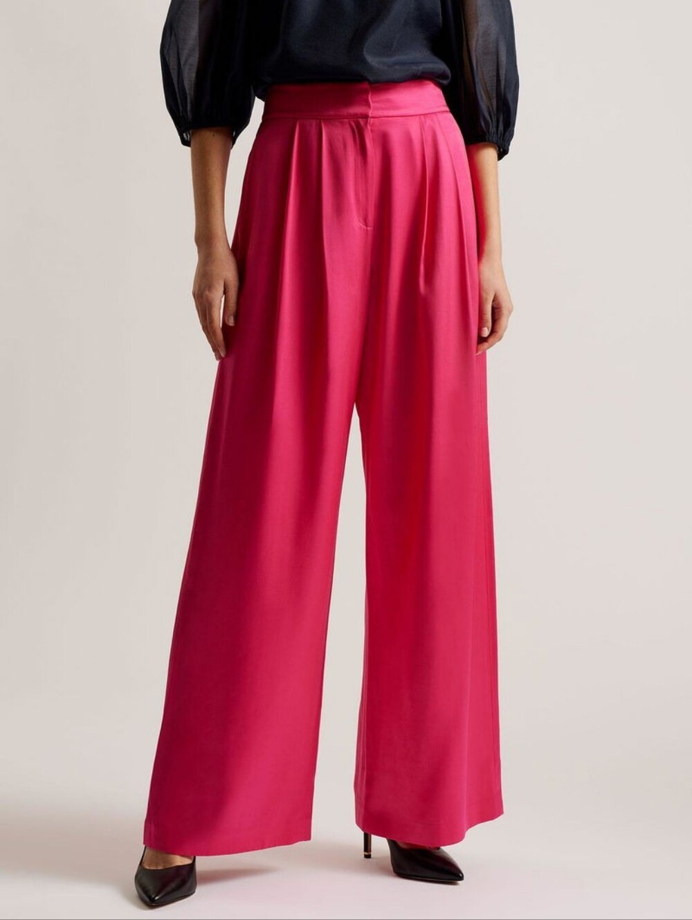 Ted Baker Teerut Bright Pink Satin Wide Leg Trousers.